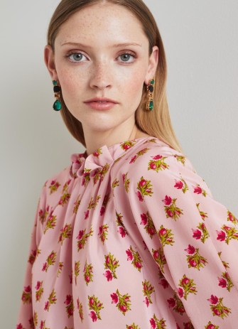 L.K. BENNETT Edeline Pink And Red Rosebud Print Silk Top ~ silky floral ruffle neck tops ~ luxe blouses - flipped