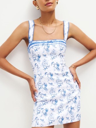 Reformation Elana Linen Dress in Viva – blue and white shoulder strap mini dresses – women’s fitted fashion