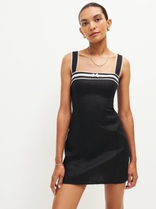 Reformation Elana Linen Dress in Black ~ contrast trim LBD ~ sleeveless shoulder strap mini dresses - flipped