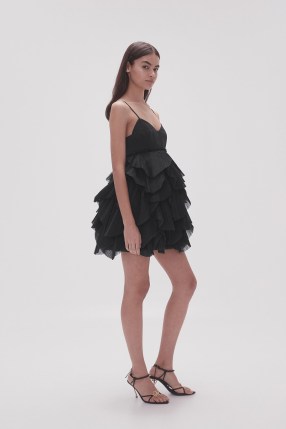 Aje. Elsie Pleat Mini Dress in Black ~ ruffle layered LBD ~ strappy ruffled evening dresses - flipped