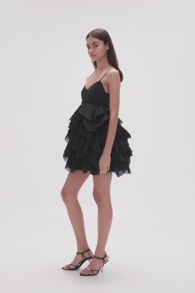 Aje. Elsie Pleat Mini Dress in Black ~ ruffle layered LBD ~ strappy ruffled evening dresses