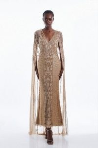KAREN MILLEN Embellished Maxi Dress With Cape in Gold ~ sequinned occasion dresses with long sheer capes ~ glittering occasionwear ~ luxurious event clothing