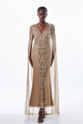 KAREN MILLEN Embellished Maxi Dress With Cape in Gold ~ sequinned occasion dresses with long sheer capes ~ glittering occasionwear ~ luxurious event clothing - flipped