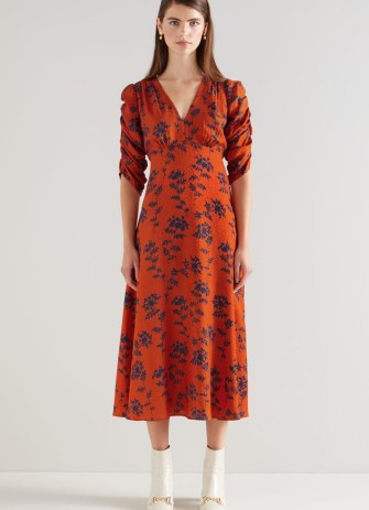 L.K. BENNETT Erin Orange And Blue Shadow Floral Silk Jacquard Dress / silky ruched sleeve occasion dresses - flipped