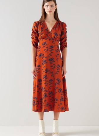 L.K. BENNETT Erin Orange And Blue Shadow Floral Silk Jacquard Dress / silky ruched sleeve occasion dresses