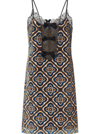ETRO geometri-print lace-trim dress in navy blue | printed slip dresses - flipped