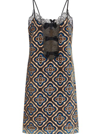 ETRO geometri-print lace-trim dress in navy blue | printed slip dresses