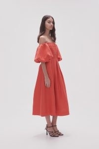 Aje. Eugenie Off Shoulder Midi Dress in Scarlet Red ~ puff sleeve fit and flare bardot dresses ~ front cut out detail occasion dresses with puffed sleeves