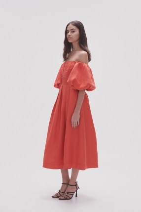 Aje. Eugenie Off Shoulder Midi Dress in Scarlet Red ~ puff sleeve fit and flare bardot dresses ~ front cut out detail occasion dresses with puffed sleeves - flipped