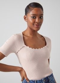L.K. BENNETT Fara Pink Metallic Cotton Ribbed Top ~ short sleeve sparkly thread tops ~ scalloped detail neckline