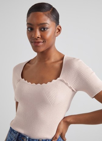 L.K. BENNETT Fara Pink Metallic Cotton Ribbed Top ~ short sleeve sparkly thread tops ~ scalloped detail neckline - flipped