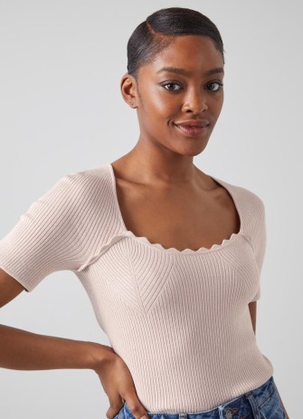 L.K. BENNETT Fara Pink Metallic Cotton Ribbed Top ~ short sleeve sparkly thread tops ~ scalloped detail neckline