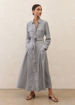 ME AND EM Fluid Stripe Maxi Shirt Dress + Belt in Navy/Soft White ~ chic collared tie waist dresses - flipped