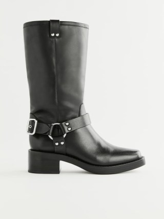 Reformation Francesca Moto Boot in Black / women’s leather stud and buckle detail boots / womens biker style footwear - flipped
