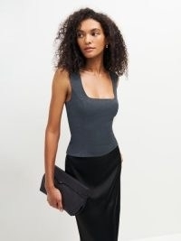 Reformation Gabby Top in Charcoal | dark grey sleeveless fitted bodice tops | smocked back detail | square neckline