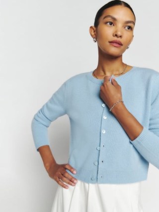 Reformation Clara Cashmere Crew Cardigan in Bayou ~ luxe light blue relaxed fit cardigans ~ luxury knits - flipped