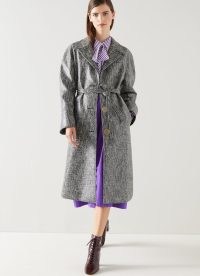 L.K. BENNETT Gigi Coated Italian Tweed Coat in Black / Cream ~ women’s luxury autumn coats ~ womens stylish tie waist mac ~ luxe macs