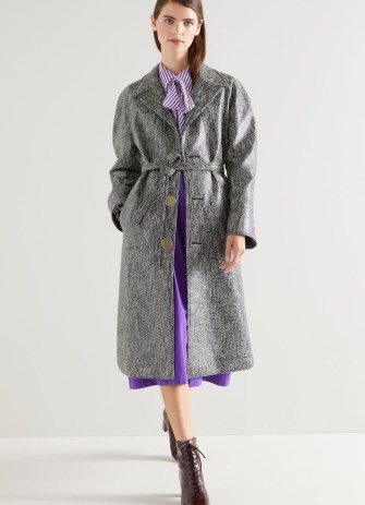 L.K. BENNETT Gigi Coated Italian Tweed Coat in Black / Cream ~ women’s luxury autumn coats ~ womens stylish tie waist mac ~ luxe macs - flipped