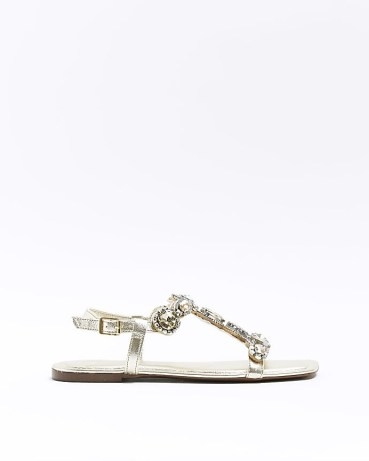 RIVER ISLAND GOLD EMBELLISHED FLAT SANDALS ~ strappy metallic flats - flipped