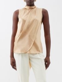 RALPH LAUREN Pollard high-neck ruched silk top in gold – luxe sleeveless drape detail tops