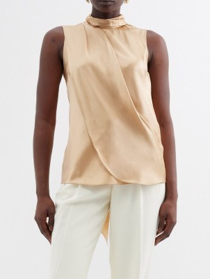 RALPH LAUREN Pollard high-neck ruched silk top in gold – luxe sleeveless drape detail tops - flipped