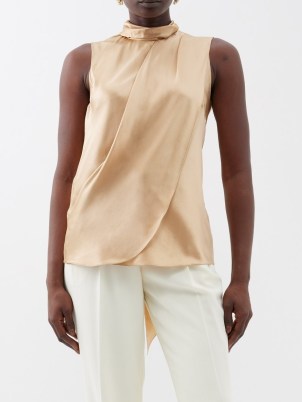 RALPH LAUREN Pollard high-neck ruched silk top in gold – luxe sleeveless drape detail tops