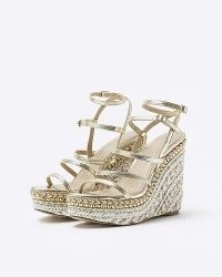 River Island GOLD STRAPPY WEDGE SANDALS | high metallic wedges | ankle strap wedged heel sandal