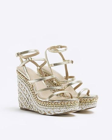 River Island GOLD STRAPPY WEDGE SANDALS | high metallic wedges | ankle strap wedged heel sandal - flipped