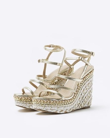 River Island GOLD STRAPPY WEDGE SANDALS | high metallic wedges | ankle strap wedged heel sandal