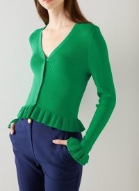 L.K. BENNETT Grace Green Rib Knit Frilled Cardigan ~ frill trimmed cardigans ~ feminine knits