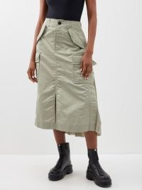 SACAI Back-pleat nylon cargo midi skirt in khaki green – utility fashion – pocket and pleated detail skirts – women’s utilitarian style clothing