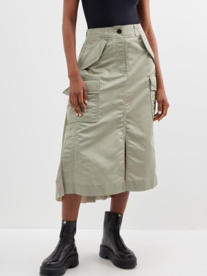SACAI Back-pleat nylon cargo midi skirt in khaki green – utility fashion – pocket and pleated detail skirts – women’s utilitarian style clothing - flipped