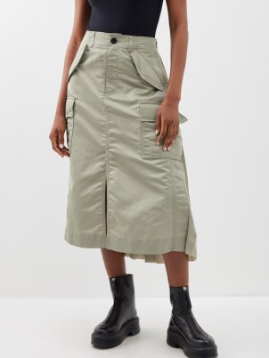 SACAI Back-pleat nylon cargo midi skirt in khaki green – utility fashion – pocket and pleated detail skirts – women’s utilitarian style clothing