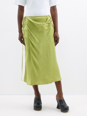 ACNE STUDIOS Iala satin midi skirt in green / fluid wrap skirts with a textured crease finish - flipped