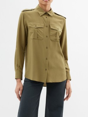 NILI LOTAN Jeanette silk shirt in green ~ women’s silky olive coloured utility shirts ~ utility clothing - flipped