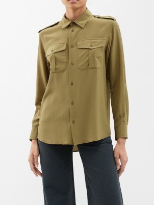 NILI LOTAN Jeanette silk shirt in green ~ women’s silky olive coloured utility shirts ~ utility clothing