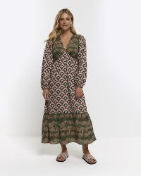river island GREEN PRINTED LONG SLEEVE MIDI DRESS ~ cotton boho dresses ~ mixed print bohemian fashion