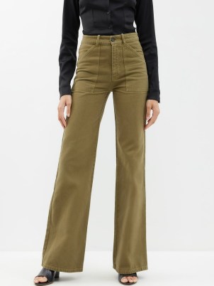 NILI LOTAN Quentin flared cotton trousers in khaki green ~ women’s high waist utility style trouser ~ hammer loop detail