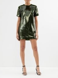 THE FRANKIE SHOP Riley sequinned T-shirt dress in olive green ~ glittering sequin covered oversized tee dresses ~ shimmering party fashion