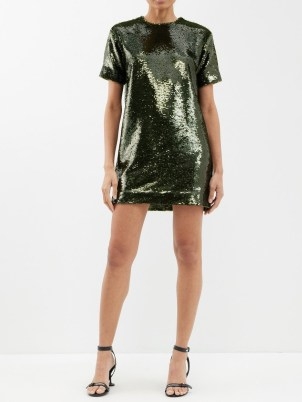 THE FRANKIE SHOP Riley sequinned T-shirt dress in olive green ~ glittering sequin covered oversized tee dresses ~ shimmering party fashion - flipped