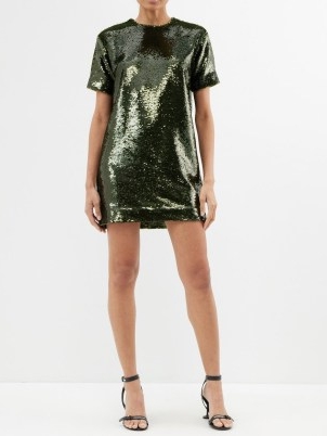 THE FRANKIE SHOP Riley sequinned T-shirt dress in olive green ~ glittering sequin covered oversized tee dresses ~ shimmering party fashion