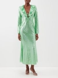 SELF-PORTRAIT Ruffle-trim sequinned dress / green sequin covered occasion dresses