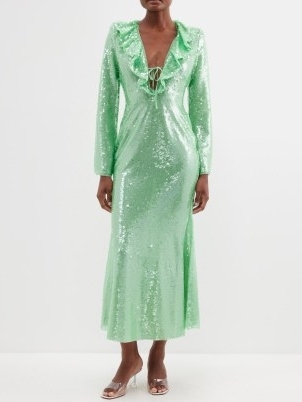 SELF-PORTRAIT Ruffle-trim sequinned dress / green sequin covered occasion dresses - flipped