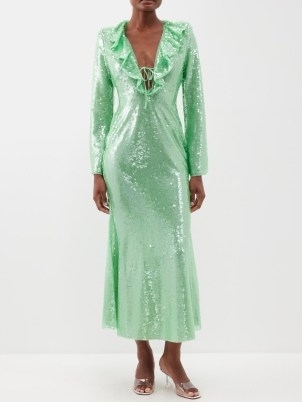 SELF-PORTRAIT Ruffle-trim sequinned dress / green sequin covered occasion dresses