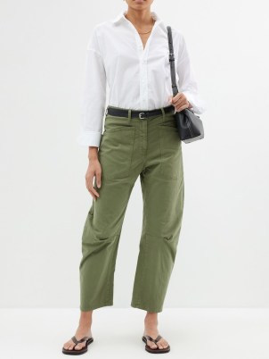 NILI LOTAN Shon cropped twill relaxed-leg trousers in khaki green ~ women’s chic crop hem pleated knee trouser ~ casual cropped pants - flipped