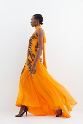 KAREN MILLEN Halter Neck Feather Sequin Detail Woven Maxi Dress in Orange ~ vibrant sequinned occasion dresses ~ halterneck occasion clothes ~ sleeveless high neck romantic gowns ~ asymmetric flowing dip hem gown - flipped