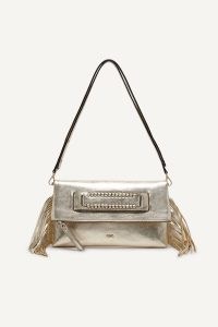 ba&sh zoe handbag in champagne tone | boho fringed leather clutch | luxe metallic bohemian handbags | glamorous fringe trimmed bags