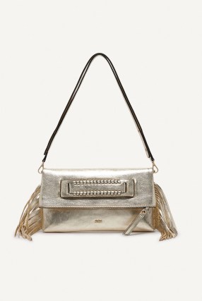 ba&sh zoe handbag in champagne tone | boho fringed leather clutch | luxe metallic bohemian handbags | glamorous fringe trimmed bags - flipped