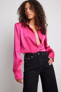 NA-KD Heavy Satin Shirt in Pink ~ women’s silky retro shoulder pad shirts ~ 70s style fashion