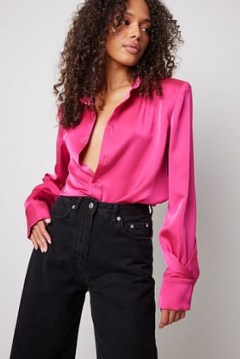 NA-KD Heavy Satin Shirt in Pink ~ women’s silky retro shoulder pad shirts ~ 70s style fashion - flipped